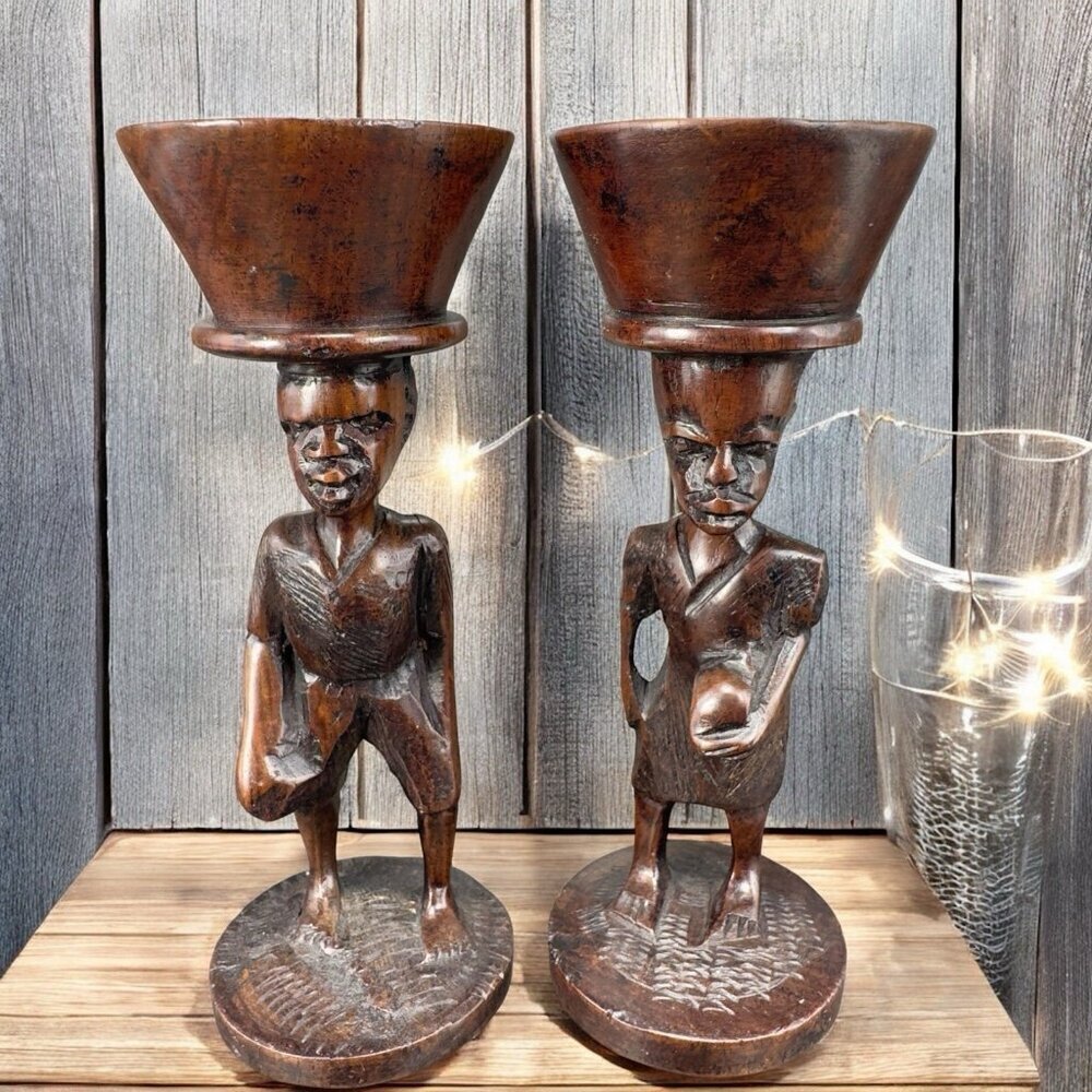 Vintage Hand Craved Tribal Candle Stick Holder Set 2 Artisan Made Wood Votive